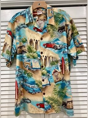 Vintage Go Barefoot Surf Shirt Made In USA Cotton Rayon Woody Cars Jukebox Music